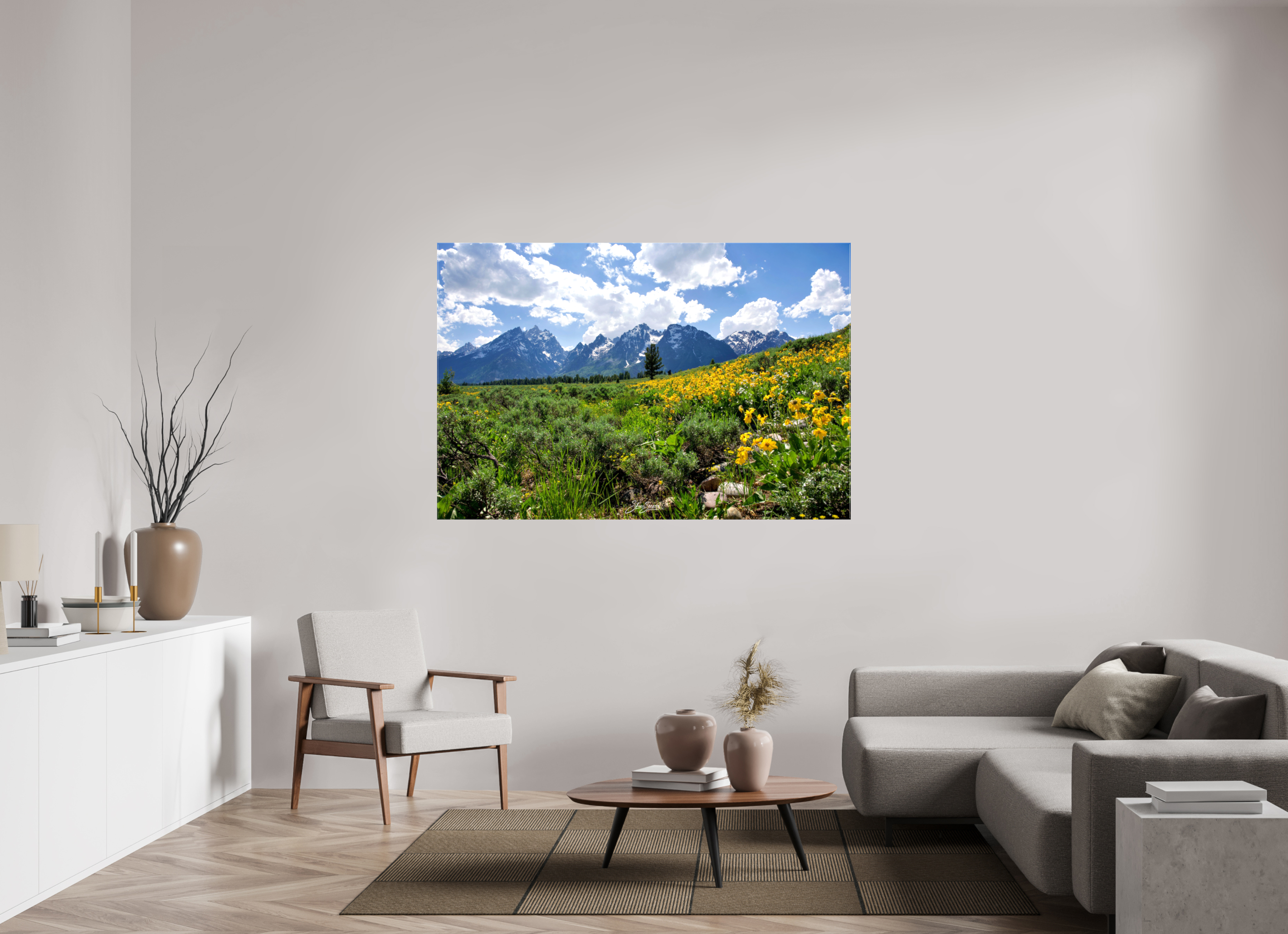 66 x 44″, Canvas Tetons in sunflowers
