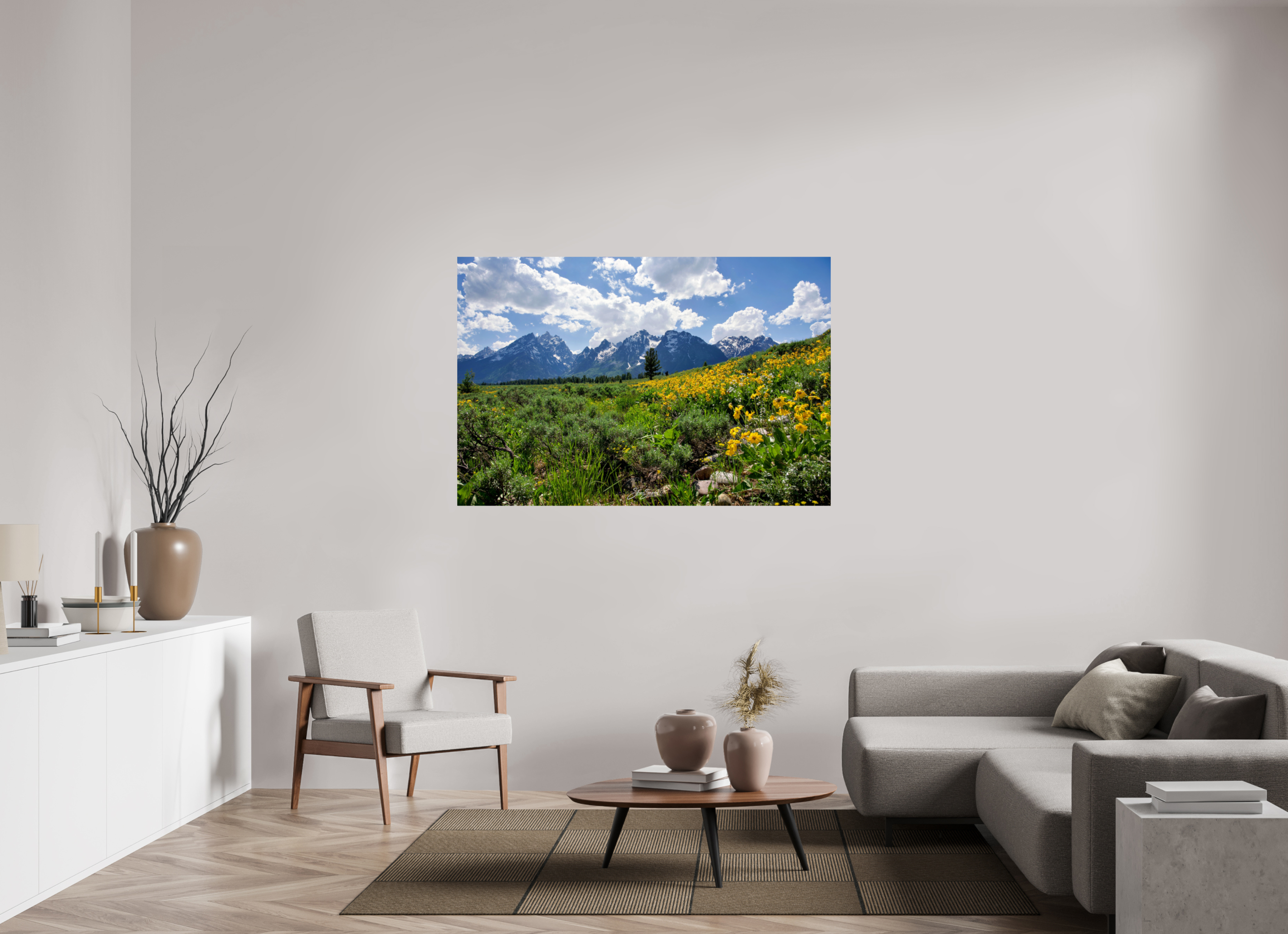 60 x 40″, Metal Tetons in sunflowers