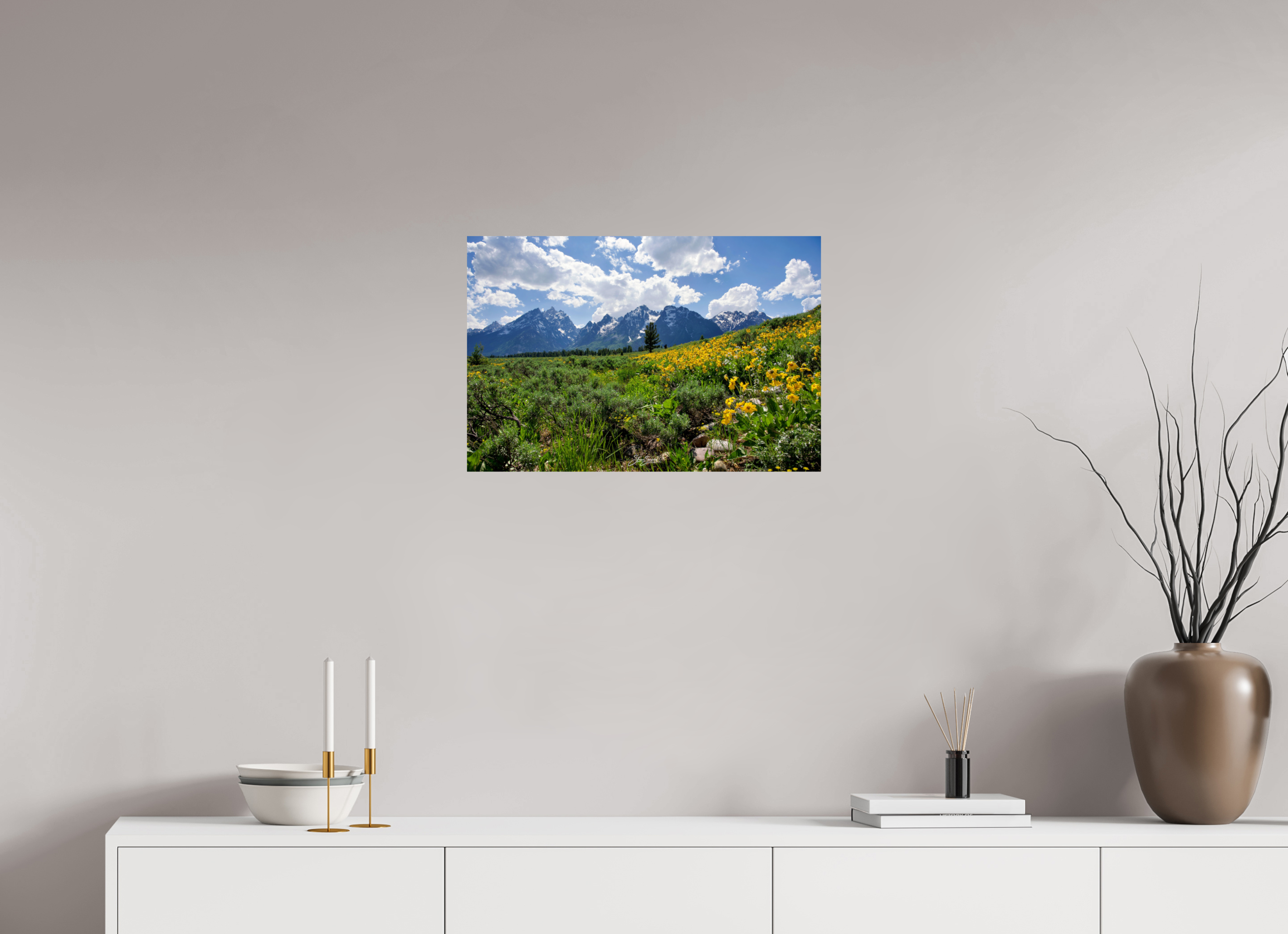 24 x 16″, Photo Print On Fuji Crystal DP II Tetons in sunflowers