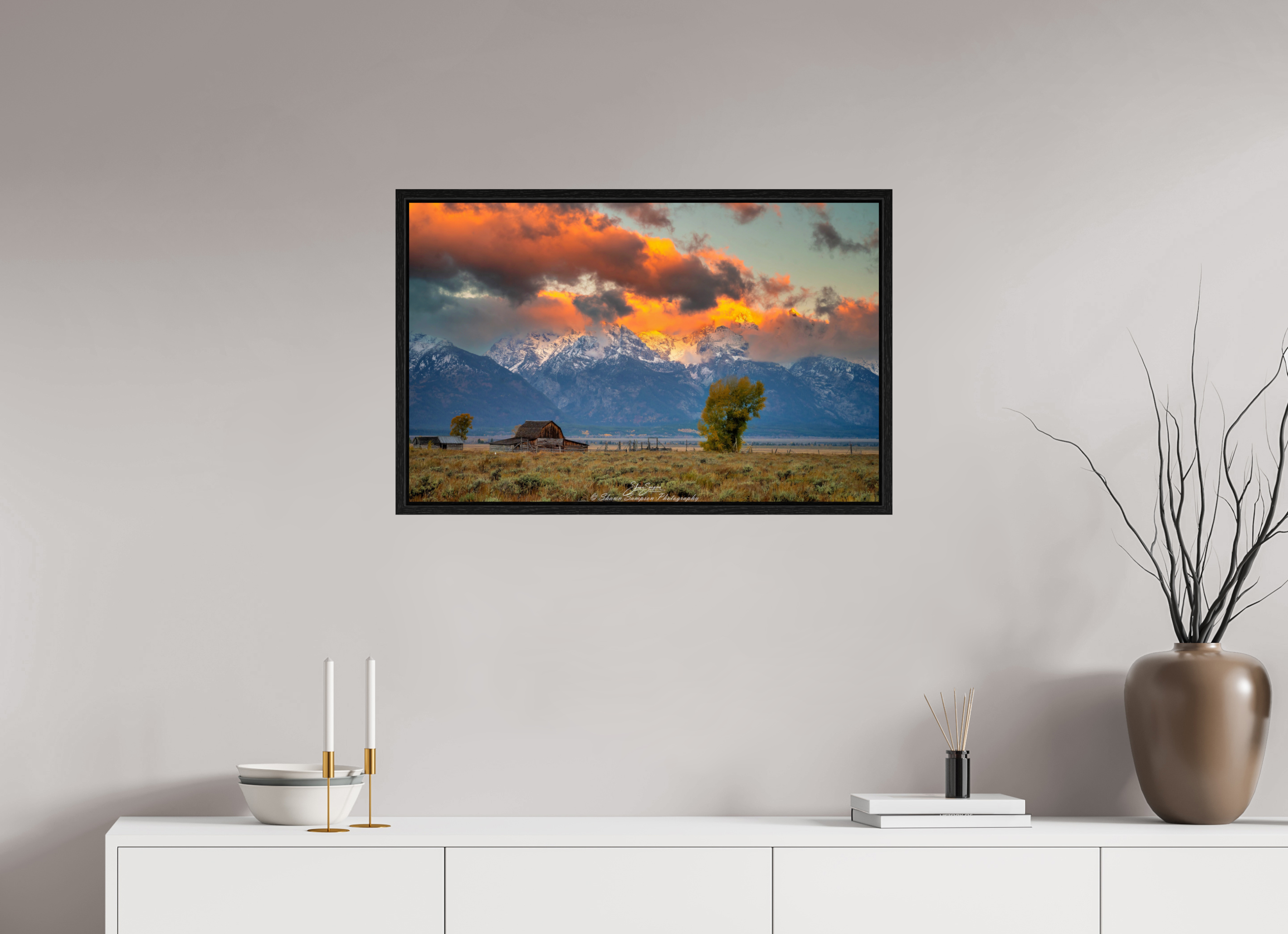 31.4 x 20″, Floater Frame Tetons on Fire