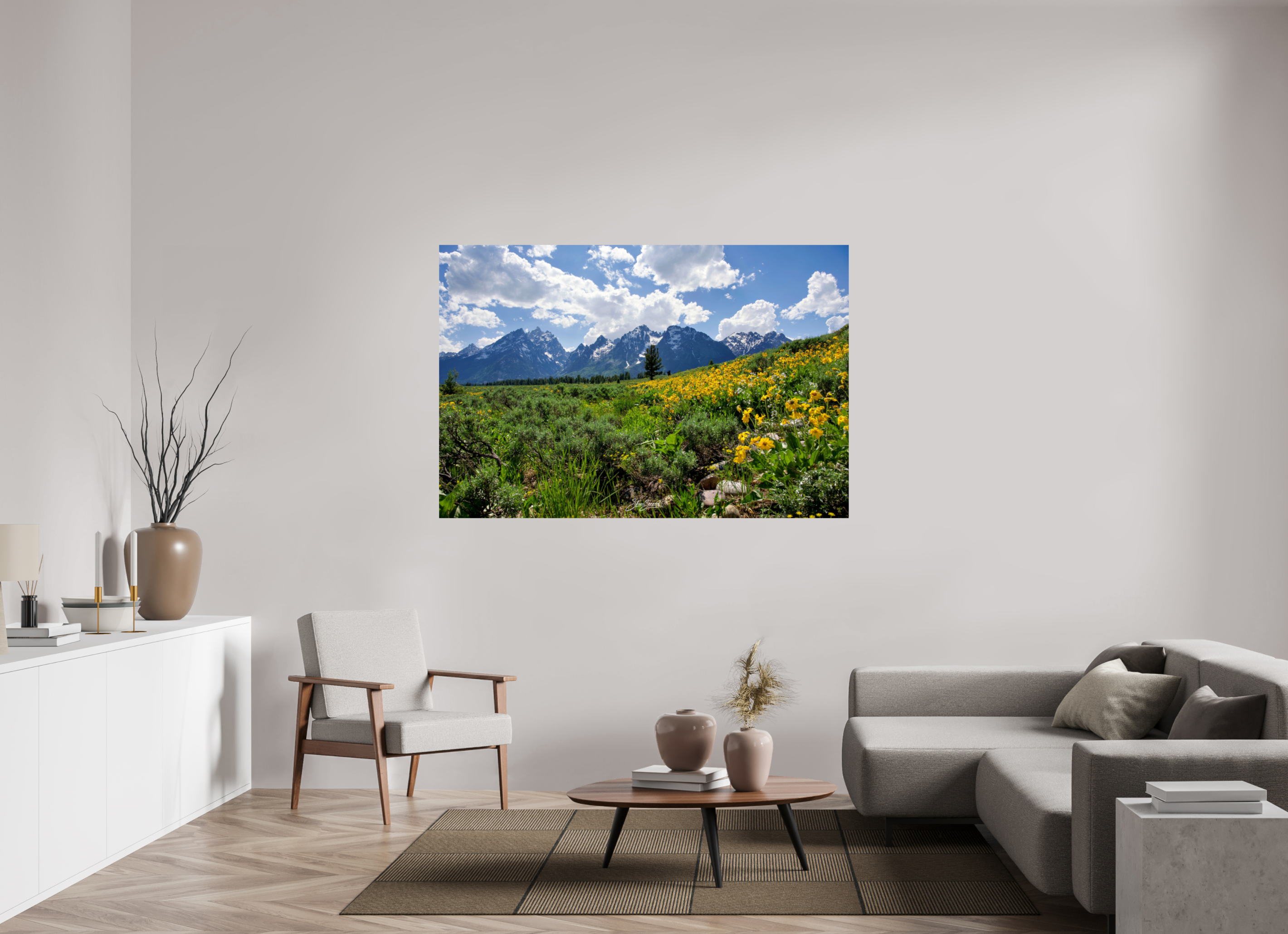 66 x 44″, Photo Print On Fuji Crystal DP II Tetons in sunflowers
