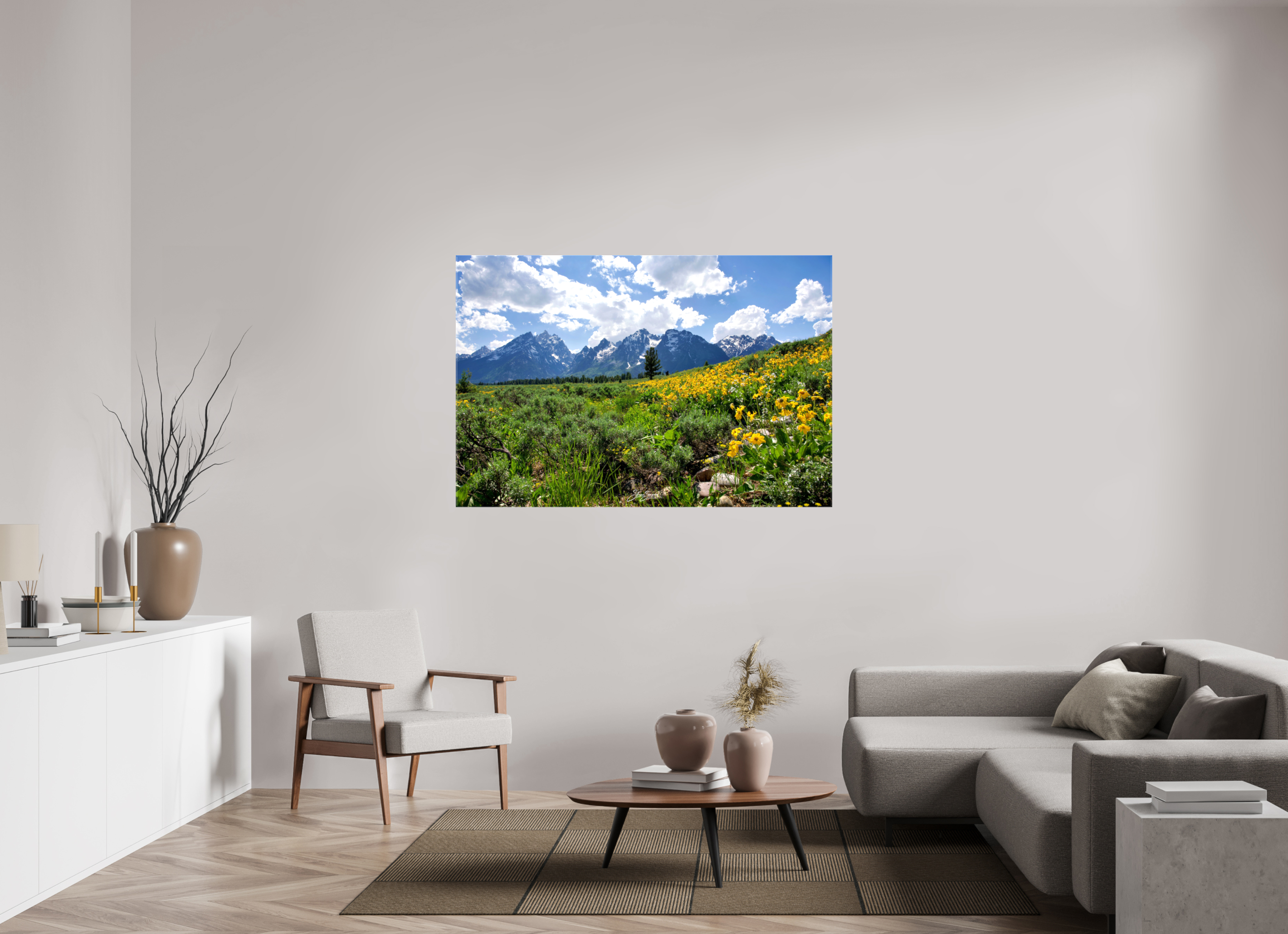 60 x 40″, Canvas Tetons in sunflowers