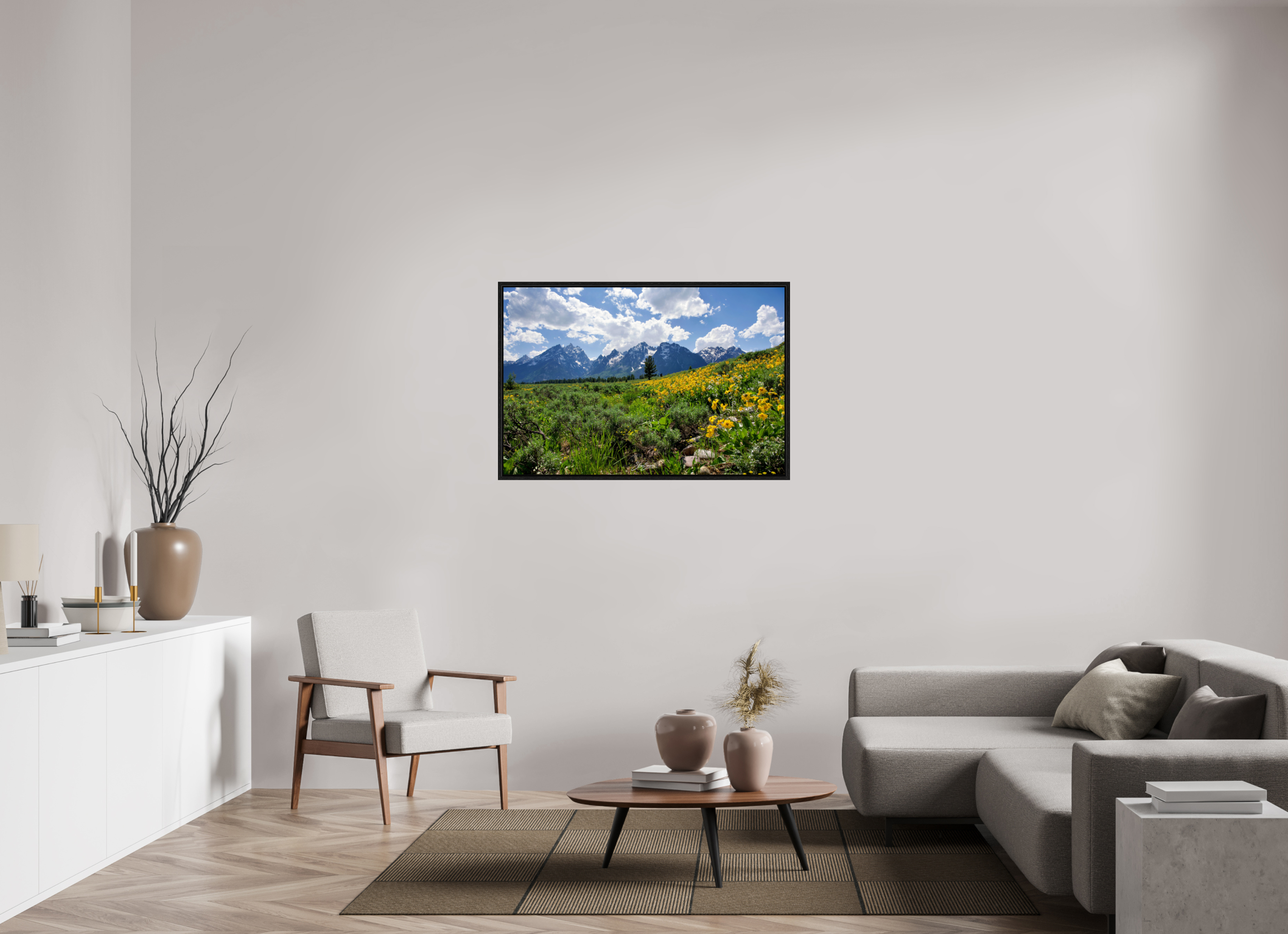 45 x 30″, Floater Frame Tetons in sunflowers