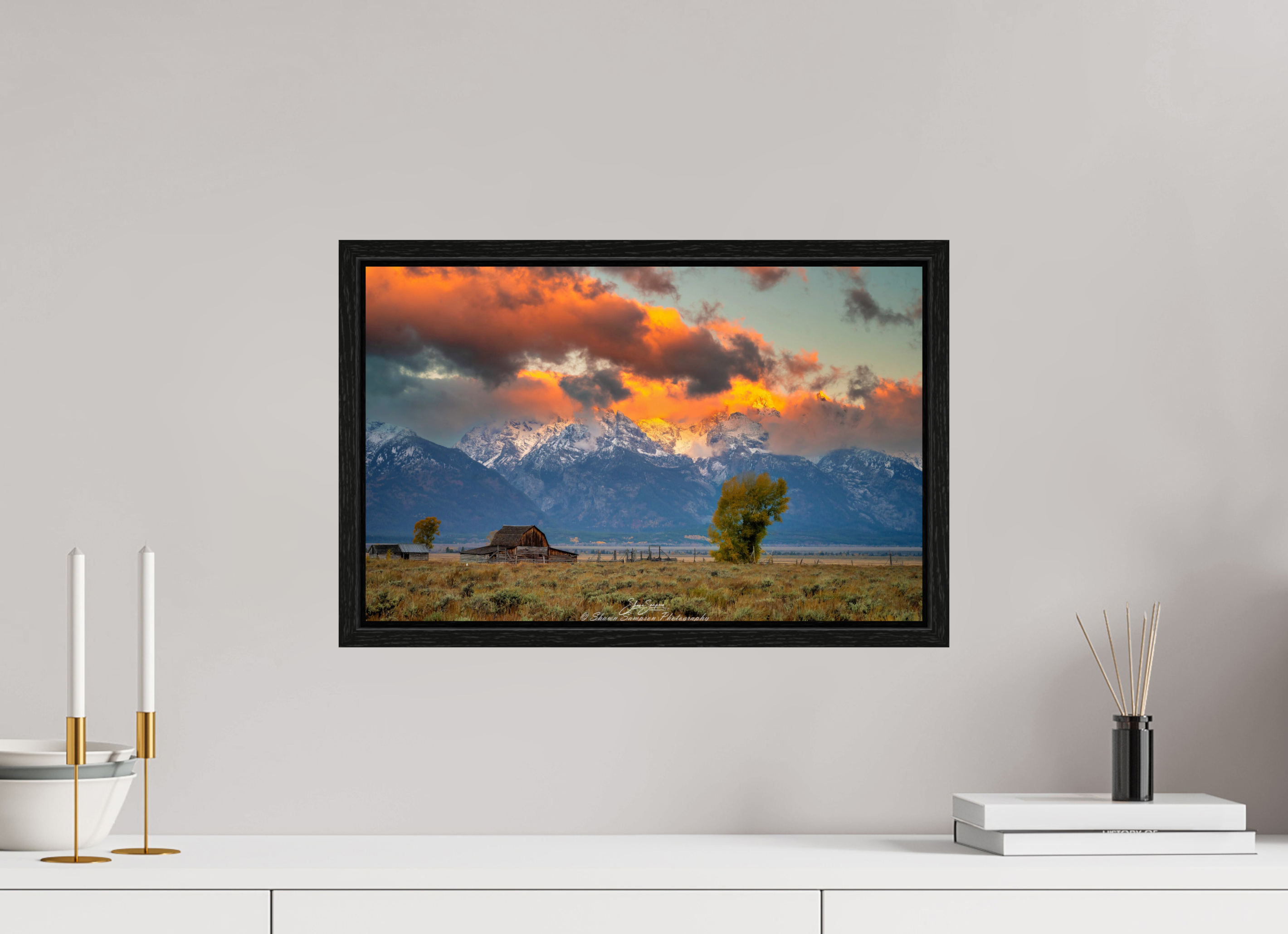 18.9 x 12″, Floater Frame Tetons on Fire