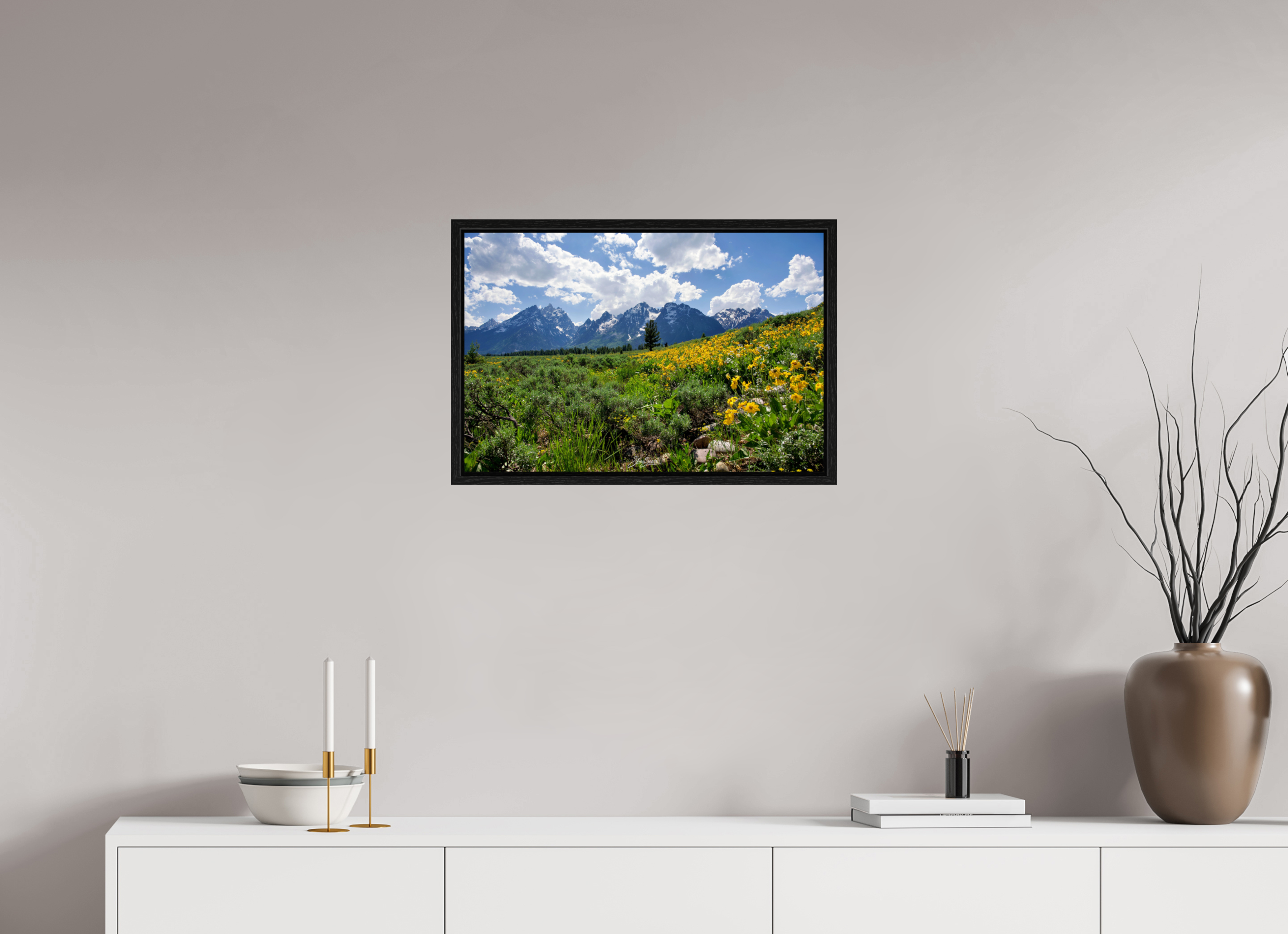 24 x 16″, Floater Frame Tetons in sunflowers