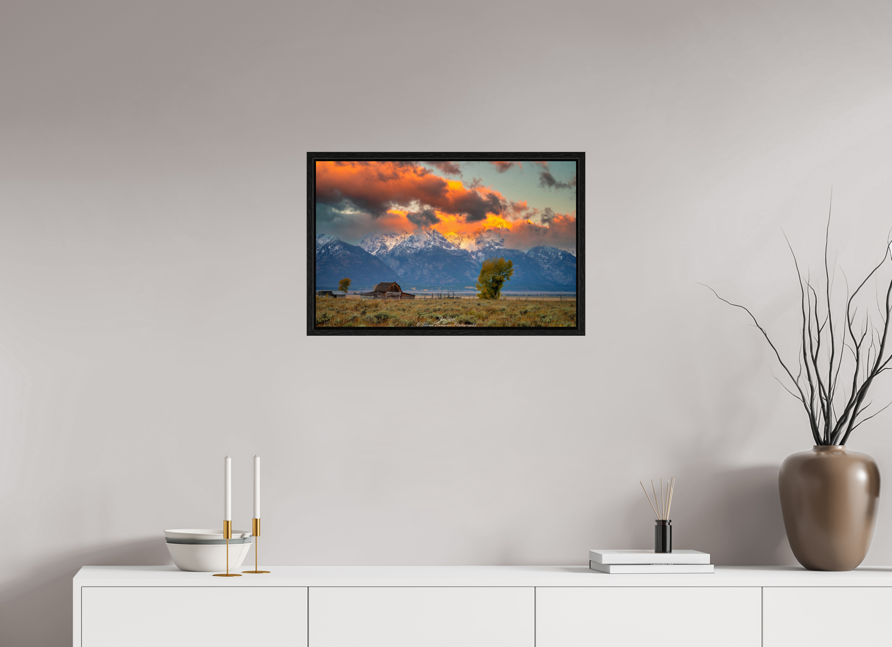 25.1 x 16″, Floater Frame Tetons on Fire