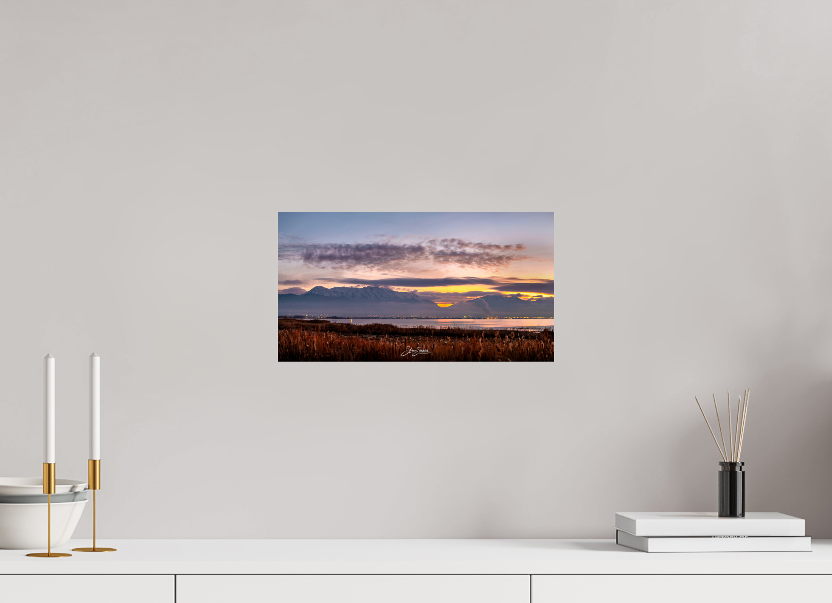 14.7 x 8″, Metal Morning at the lake