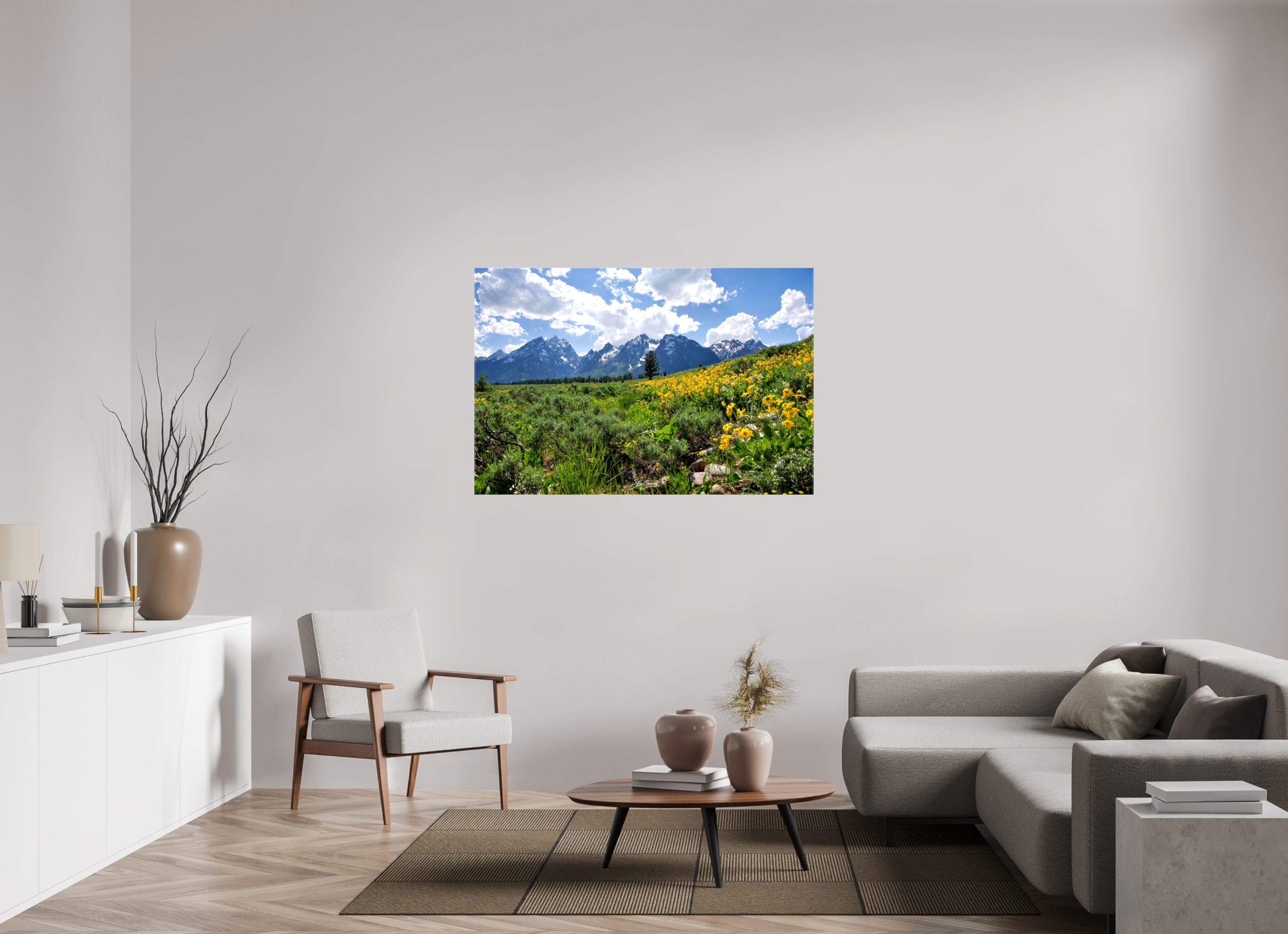 54 x 36″, Canvas Tetons in sunflowers
