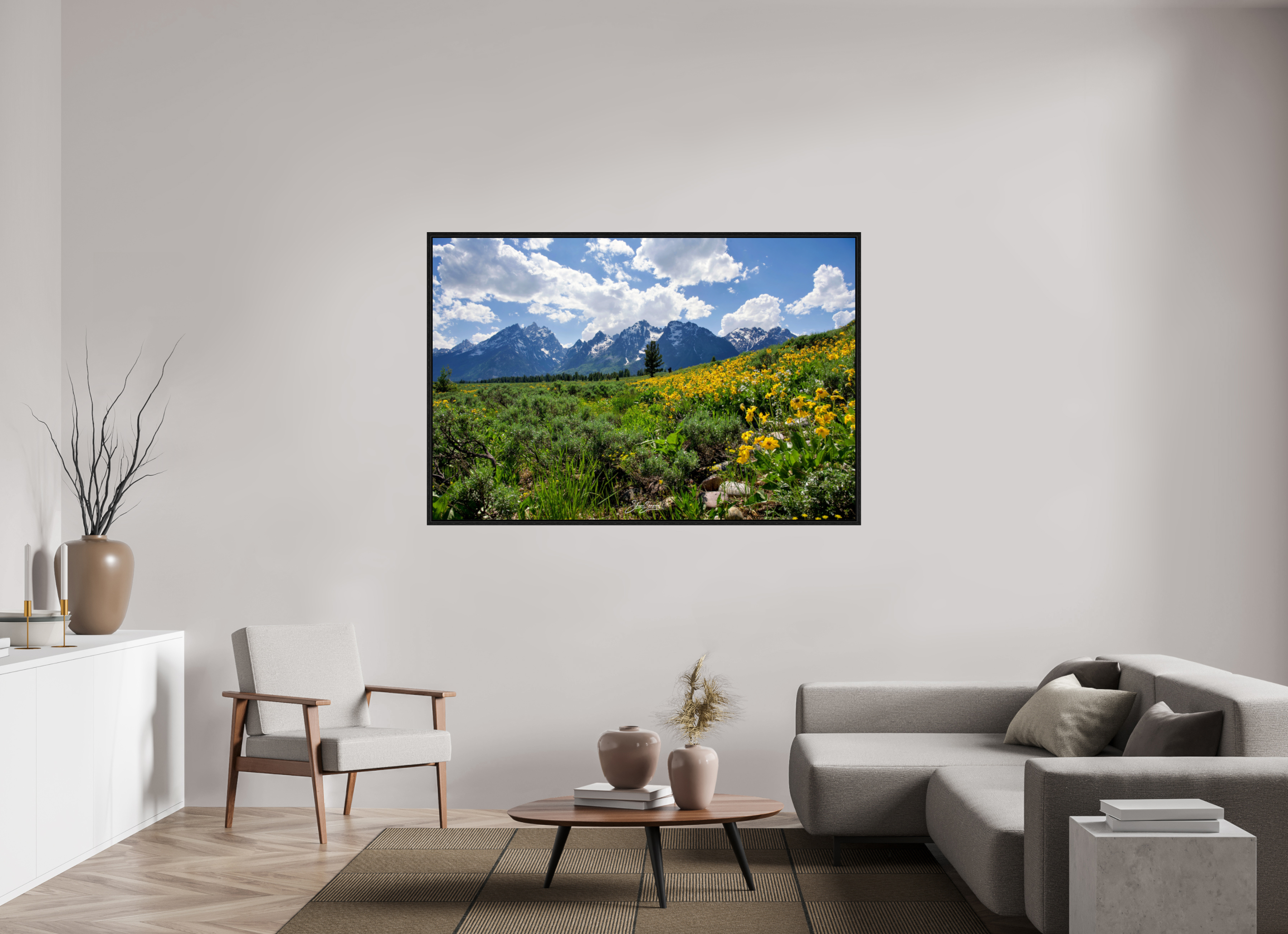 66 x 44″, Floater Frame Tetons in sunflowers