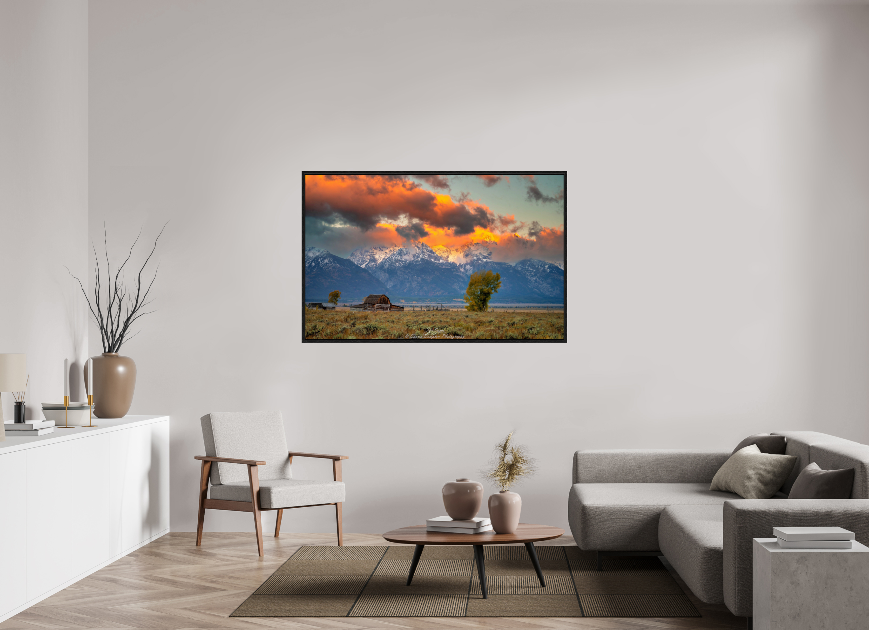 61.3 x 39″, Floater Frame Tetons on Fire