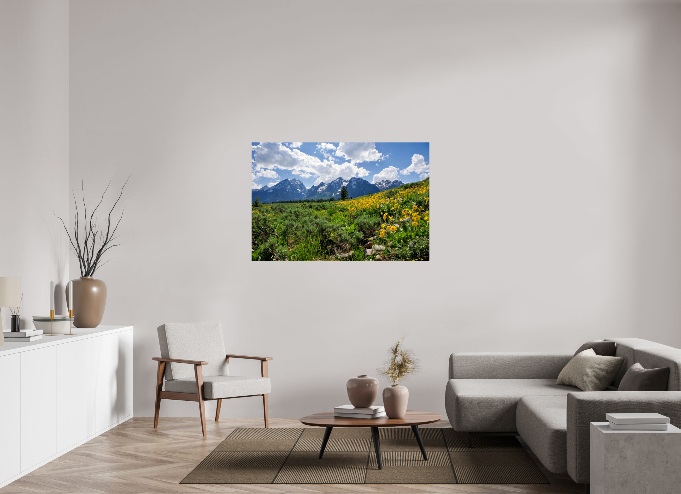 54 x 36″, Metal Tetons in sunflowers