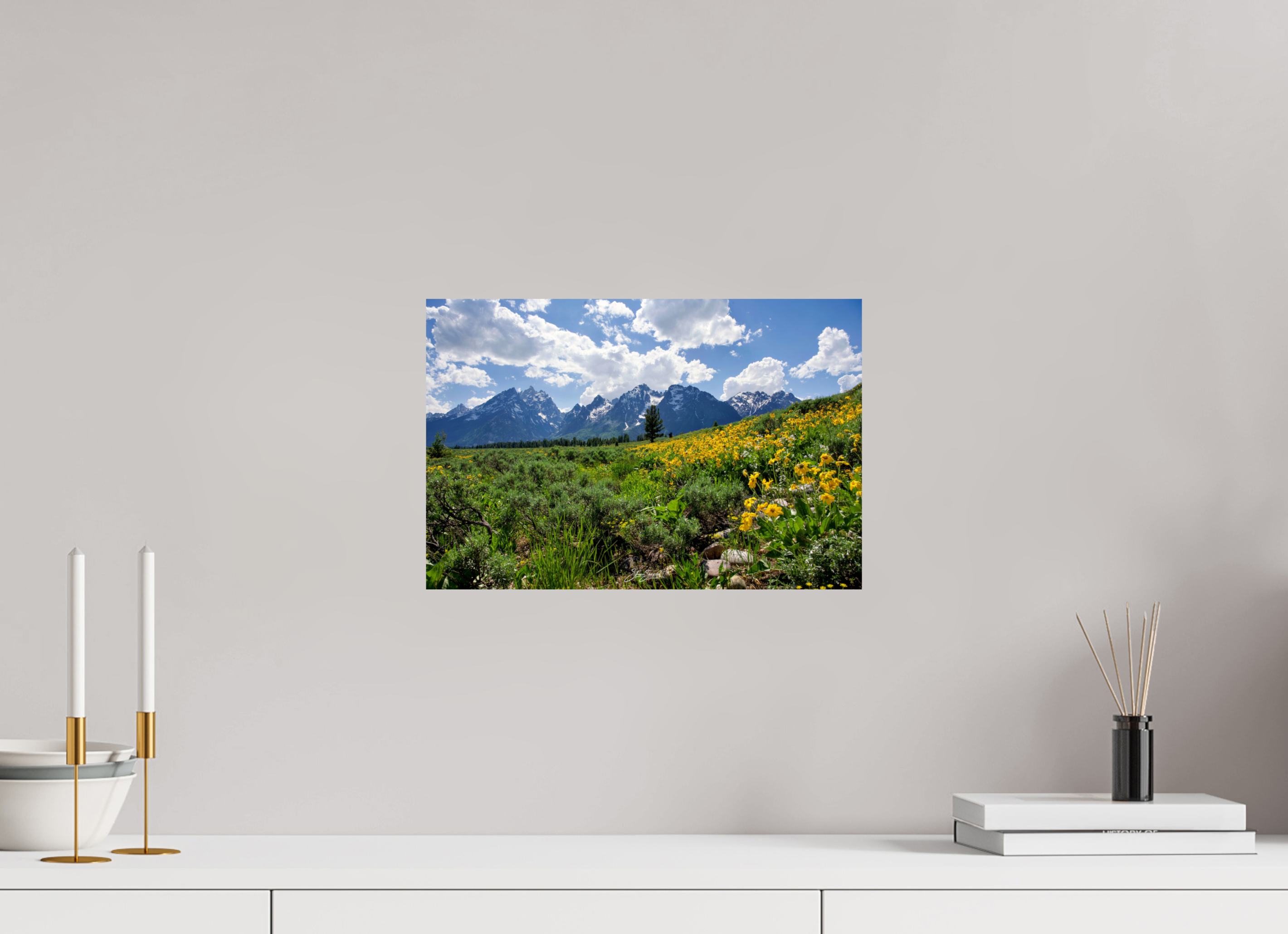 15 x 10″, Metal Tetons in sunflowers