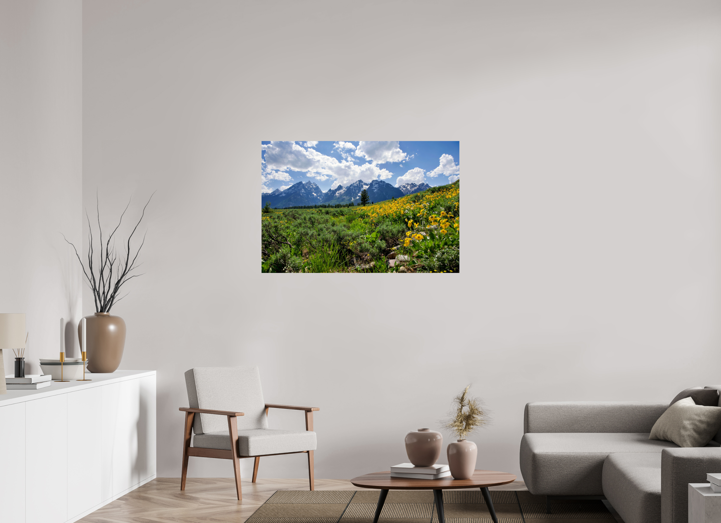 45 x 30″, Metal Tetons in sunflowers